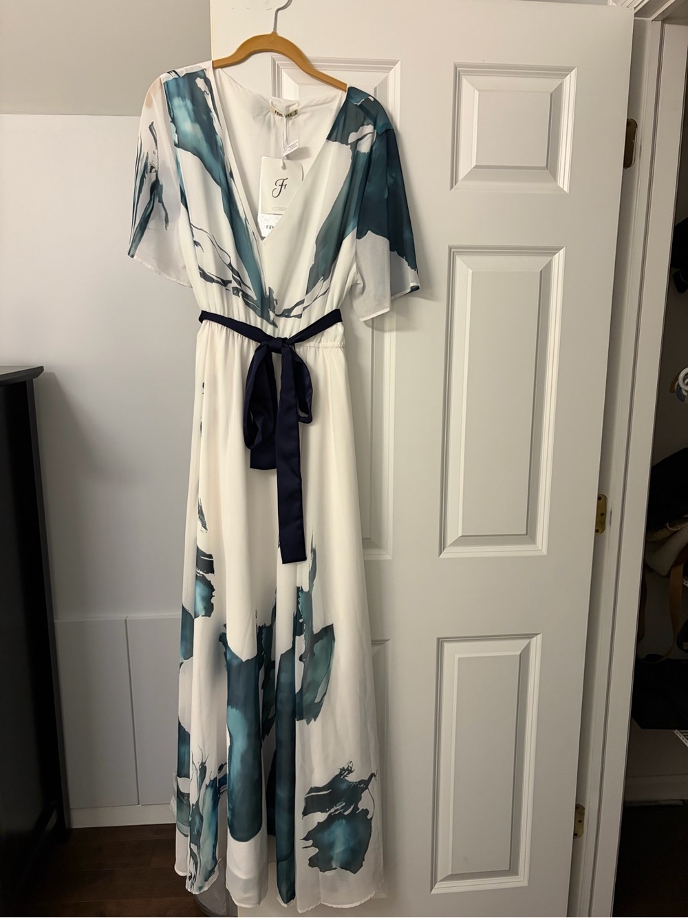 White Maxi Dress with Teal Brushstroke Print and Navy Waist Tie
